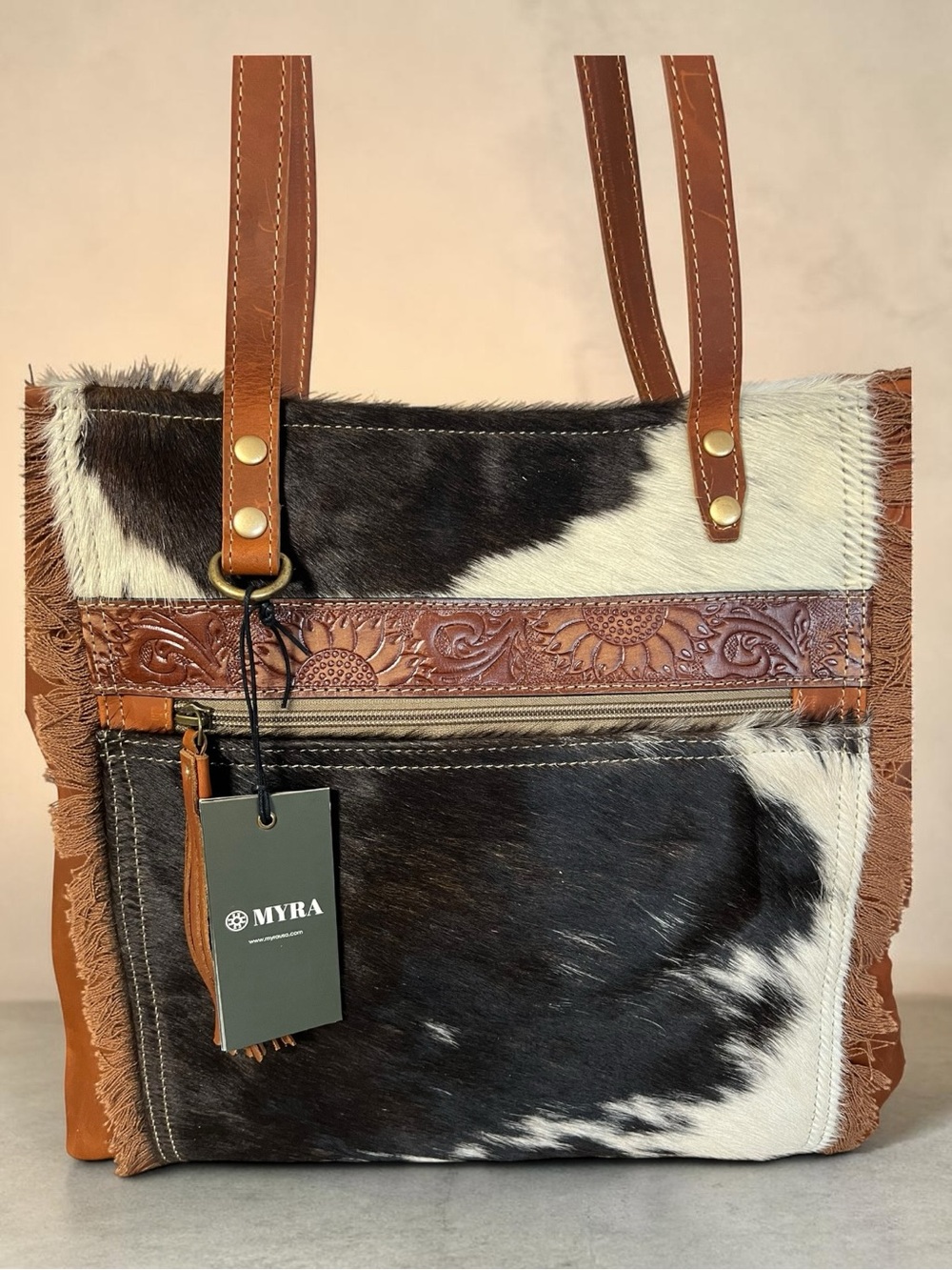 Myra Cowhide Tooled Leather Tote Bag Western Boho Floral Fringe Shoulder Bag - Picture 5 of 12